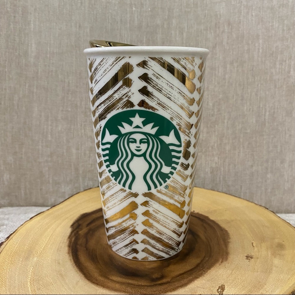 2015 Starbucks Gold Color Lid Gold Chevron Mermaid Ceramic Travel Tumbler Mug